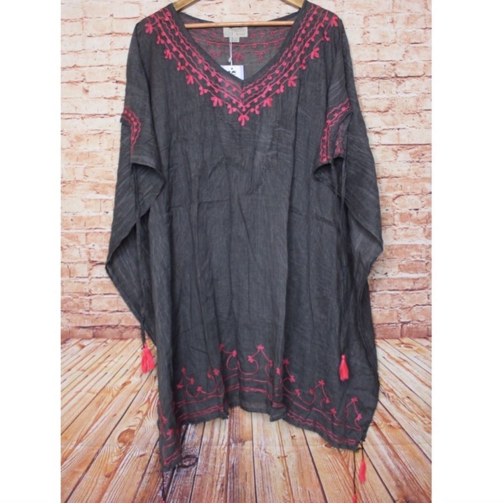 Beach By Exist Gray Pink Tassle 3/4 Sleeve Embellished Tunic Coverup